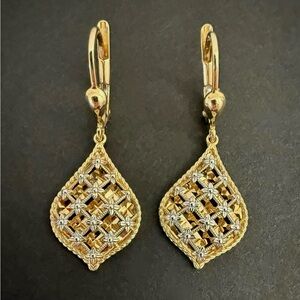 ✖️SOLD Italian 14k Yellow Gold & White Drop Earrings Diamond-cut Filigree $426